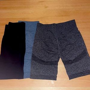 3 biker shorts. Black, heather grey+blue. Scrunch in the back. Flattering on all